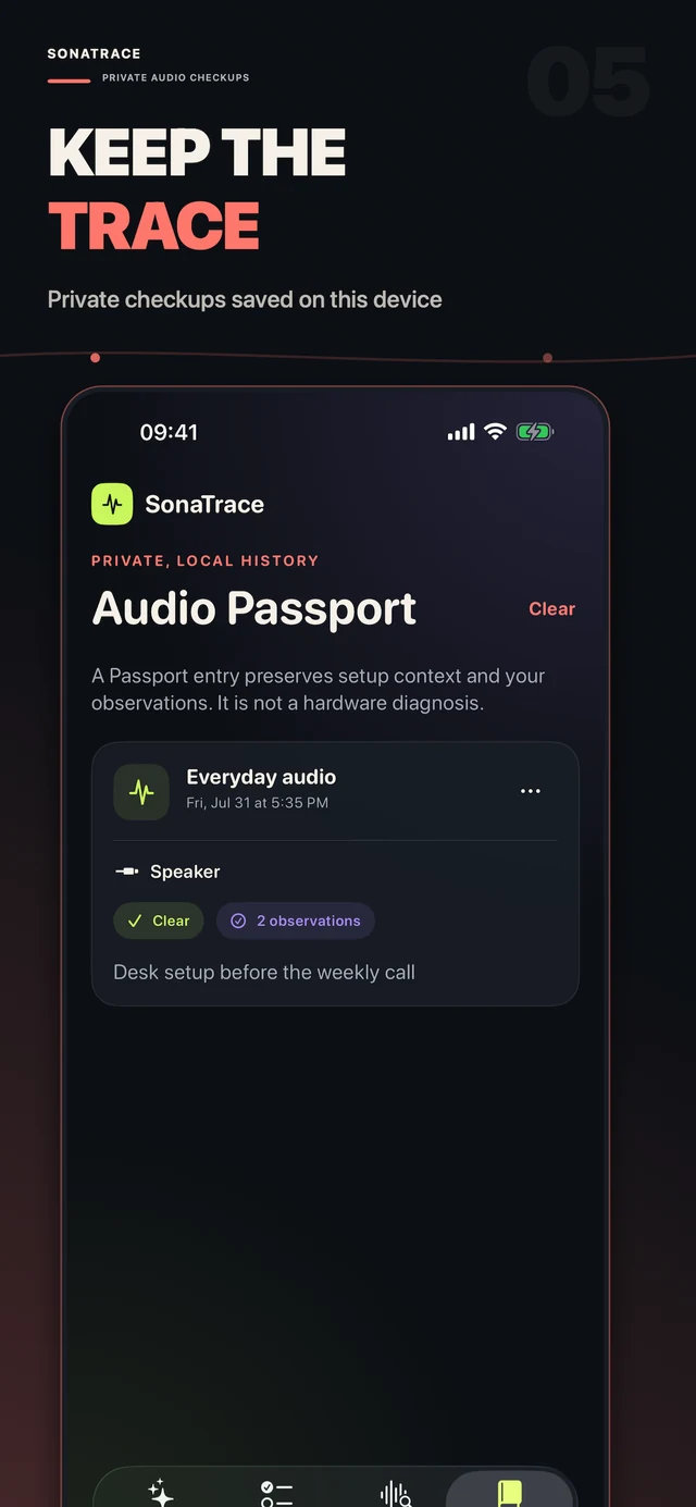SonaTrace Audio Passport with a saved everyday audio check, speaker route, observation and personal note.