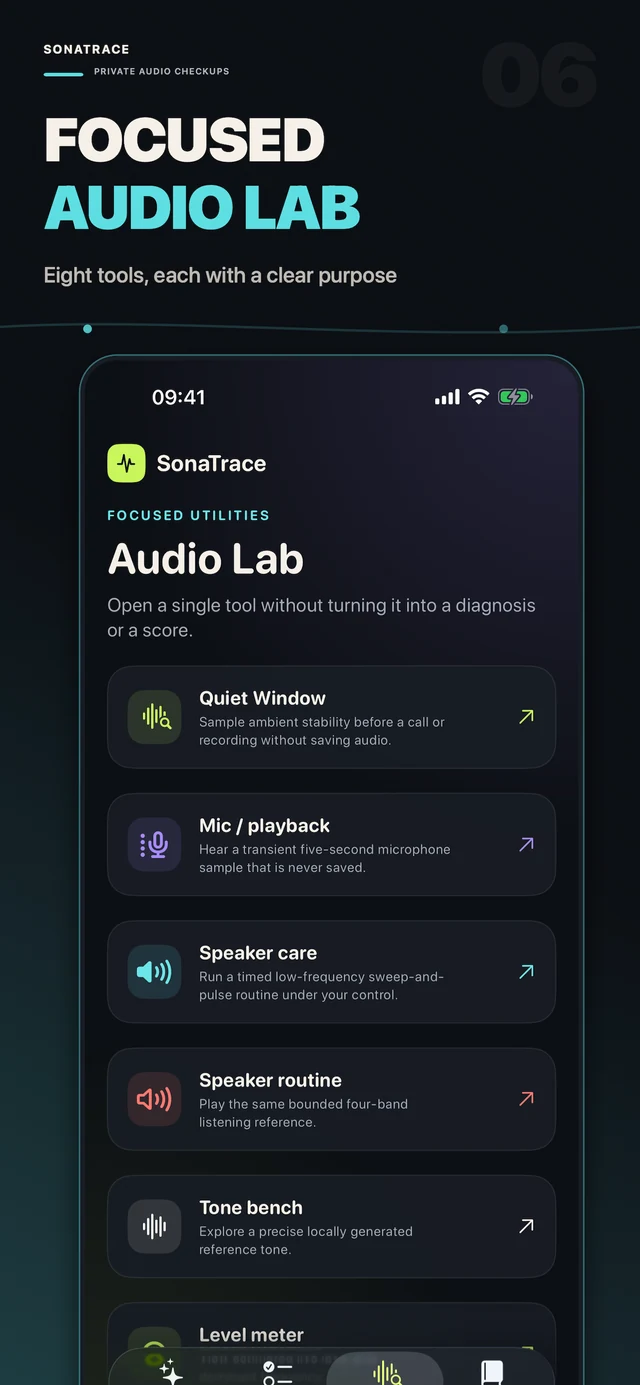 SonaTrace Audio Lab featuring Quiet Window, Mic / playback, Speaker Care, speaker routine, Tone Bench and level meter.