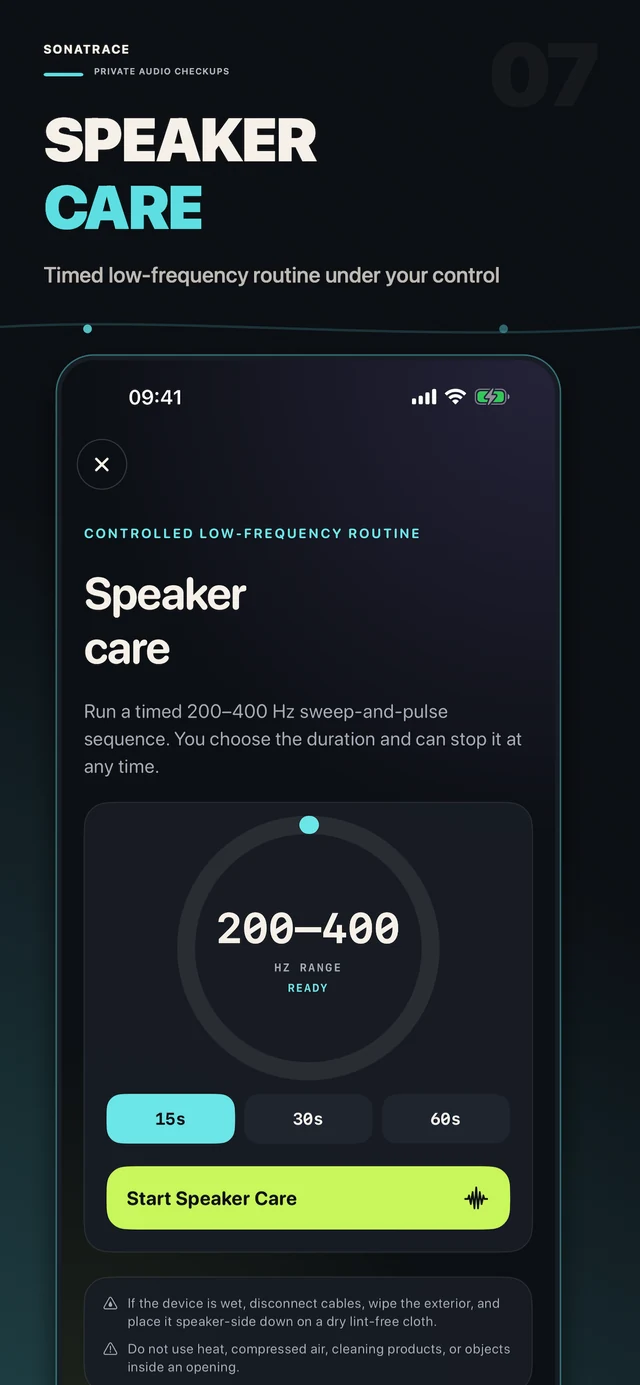 SonaTrace Speaker Care showing its 200–400 Hz sweep and pulse routine, selectable duration and Start Speaker Care control.